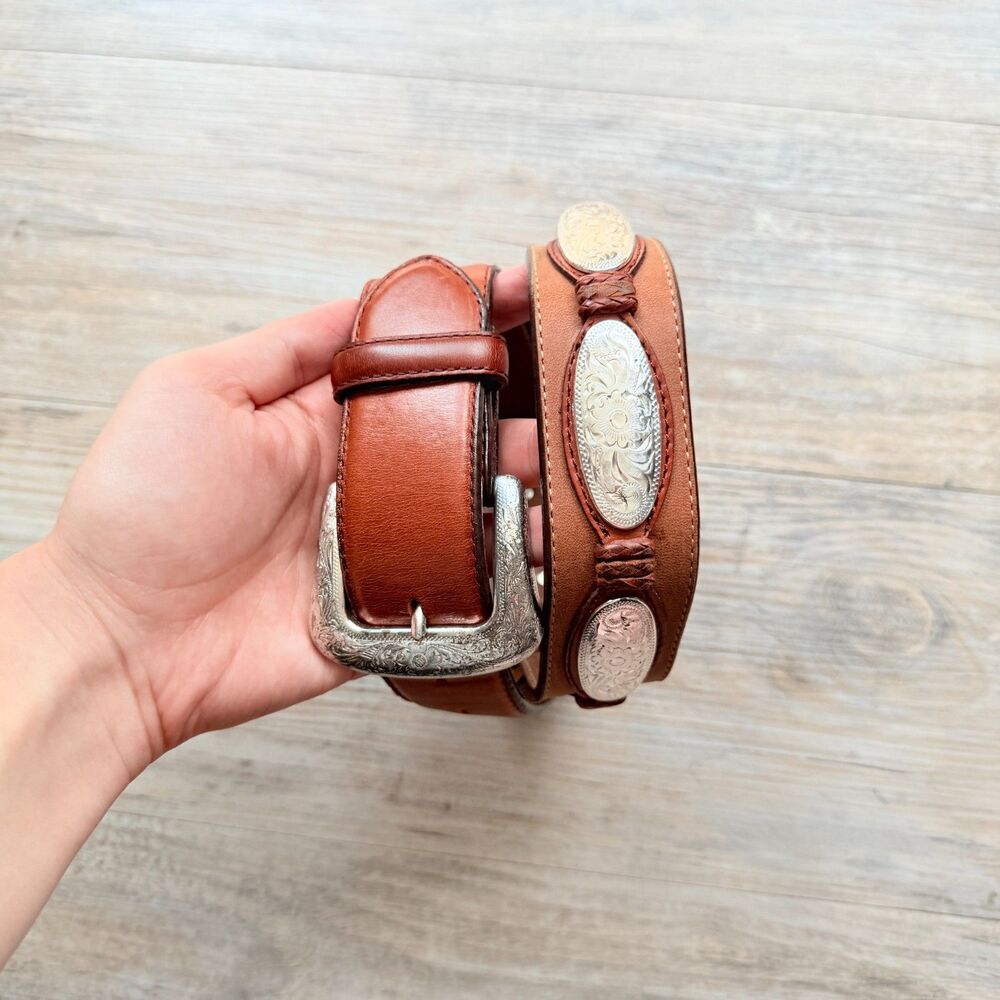 Justin Western Concho Leather Belt Brown Engraved Silver Conchos Size 30 USA - Picture 3 of 12